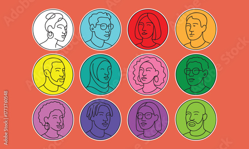 Diverse vector portrait collection of people showcasing inclusivity and cultural backgrounds for vibrant social media or website profiles and avatars