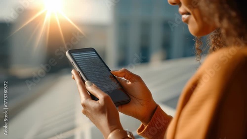Close up of a young woman holding a smartphone outside during golden hour, sunlight creating a serene atmosphere. The image highlights connectivity, communication, and everyday digital habits