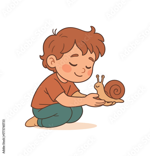 child naming new pet snail first pet experience and emotional bonding flat vector illustration style isolated on white background