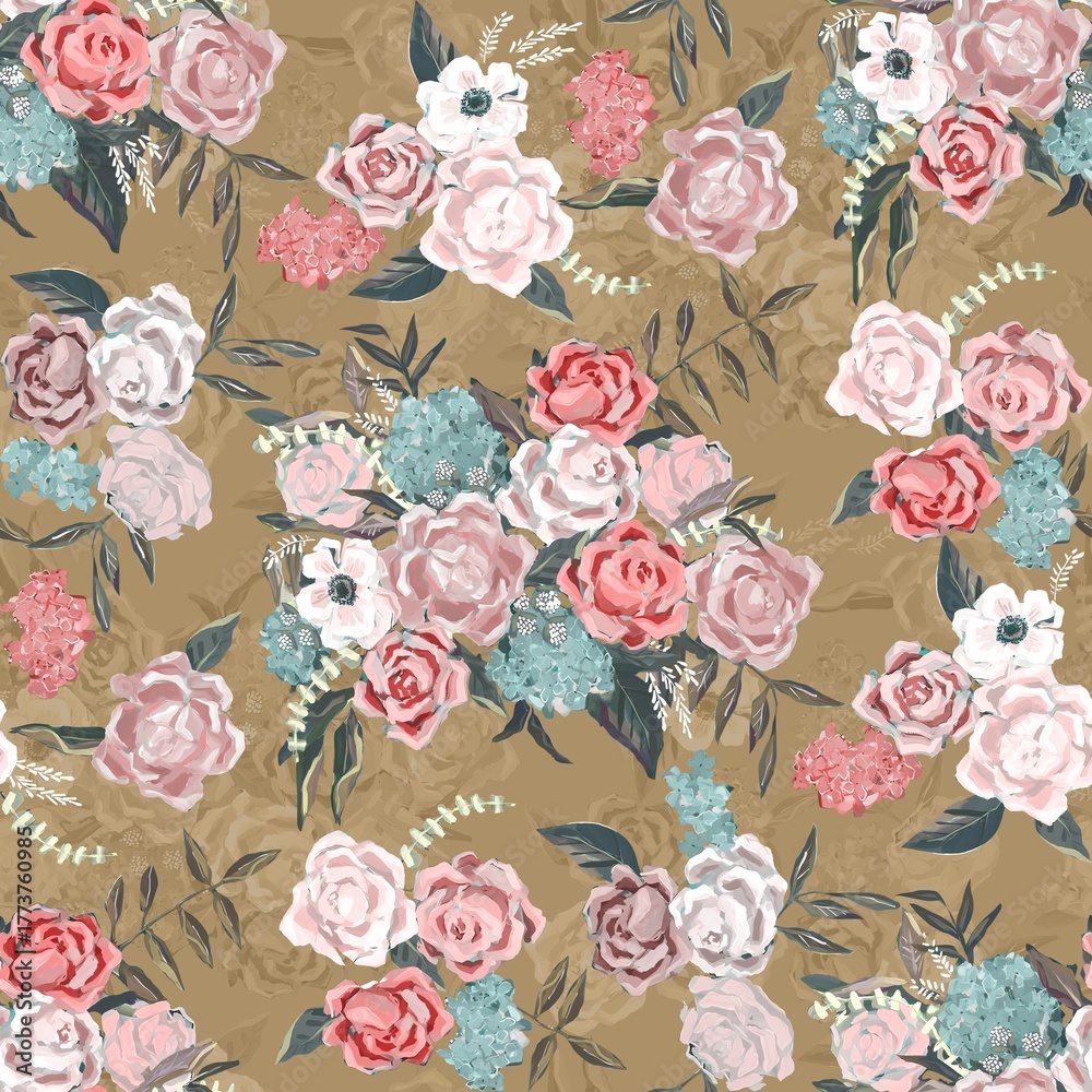 Fototapeta premium Seamless flora pattern, part of the Nature Singd fabric collection by designer Lori Woods for Poppie Cotton. The pattern is called 