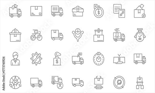 Collection of Line Art Delivery and Shipping Icons for Transportation and Logistics Design