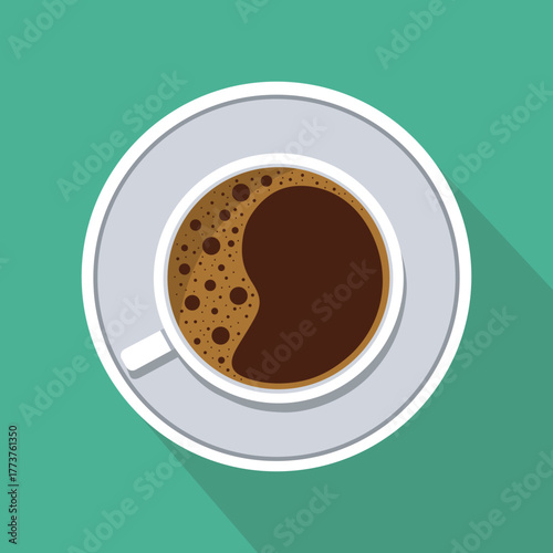 Vector coffee cup with saucer and long shadow on green background.