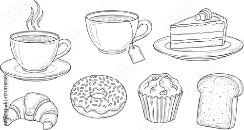 Hand-drawn doodle set of cafe and coffee shop icons, black and white line art.
