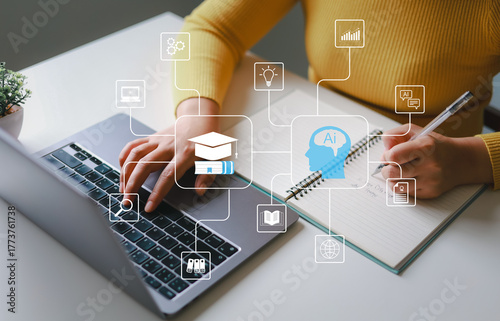 Woman using laptop for learning using artificial intelligence AI, educational tools, video teaching, digital courses, internet lessons, e-learning education concept.