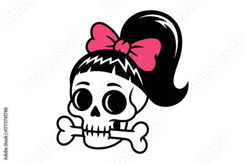 A cartoon skull with a pink bow in its hair holds a bone in its mouth.