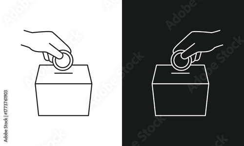 Donation Box Line Art Icon, Hand Putting Coin into Charity or Savings Slot, Minimalist Vector Graphic for Fundraising, Voting, and Investment, Black and White Versions.