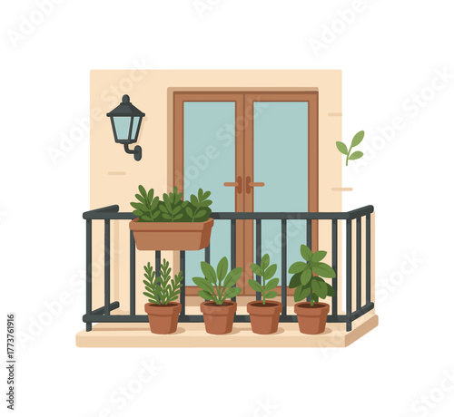 balcony herb garden small space urban microgardening concept flat vector illustration style isolated on white background