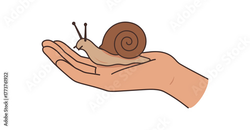 pet snail on palm gentle interaction and mindful pet companionship flat vector illustration style isolated on white background