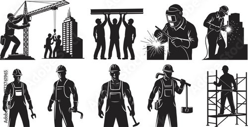 Construction workers, crane operation, welding, scaffolding, industrial tools, teamwork, high-rise building, silhouette style, force, safety gear, urban development, skilled trades, black and white 