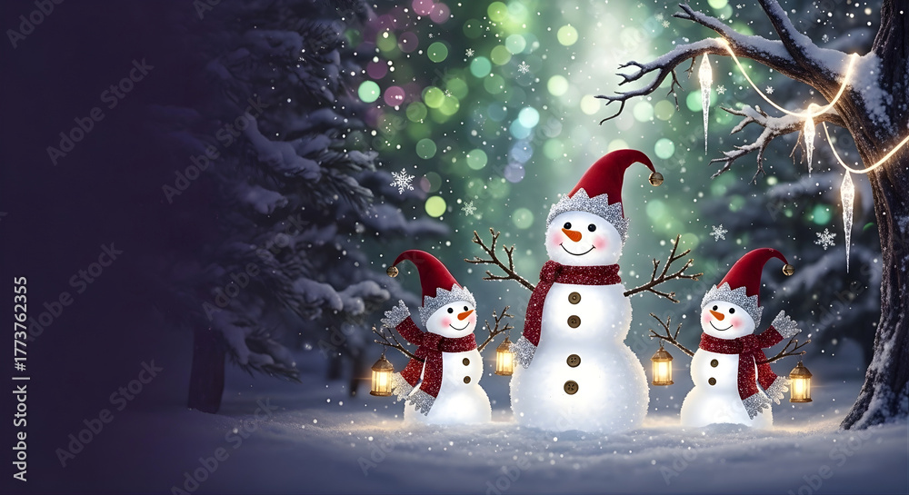 Obraz premium Snowmen Family with Lanterns in a Magical Winter Forest. Three cheerful snowmen stand under snowy trees holding lanterns, glowing warmly in the winter night.