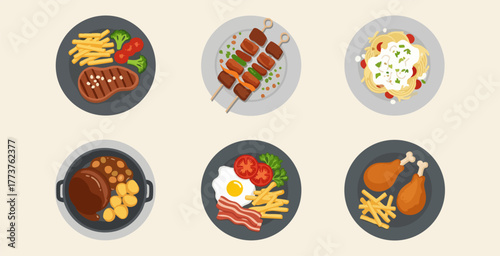 Set of six dinner and meal icons, top-down view: steak, pasta, chicken, breakfast.