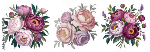 Three floral arrangements featuring peonies in various shades of pink and purple on a black background on transparent background