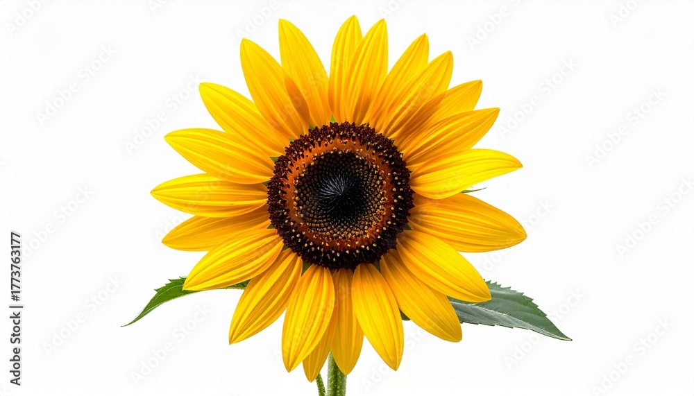 Obraz premium Sunflower in full bloom with bright yellow petals and central brown-green disc on white background for editorial botanical photography summer decor and poetic positivity-themed visuals
