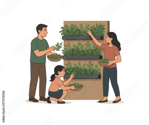 family harvesting herbs from vertical urban self sustainability flat vector illustration style isolated on white background