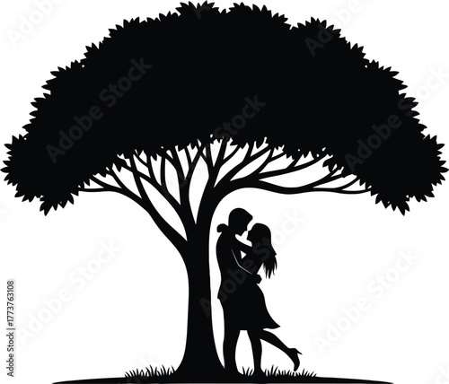 Silhouette of a couple embracing under a large tree, isolated on white background.
