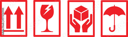 Packaging symbols, fragile and packing care label, vector illustration. Fragile. Handle with care. Keep away from water. This side up. Packaging symbols. icon set.