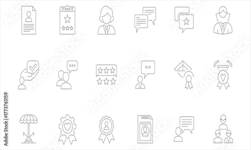 Modern line icons for human resources, business, and customer satisfaction. Covers performance evaluation, feedback, recruitment, and service excellence