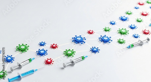 Medical and healthcare vaccination background featuring syringes and virus particles, suitable for immunization, disease prevention, pharmaceutical concepts, and editable text space if available