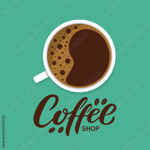 Vector coffee cup with saucer and long shadow on green background. coffee shop vector .