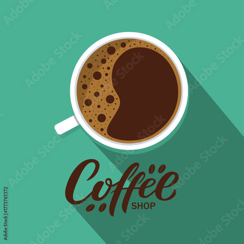 Vector coffee cup with saucer and long shadow on green background. coffee shop vector .