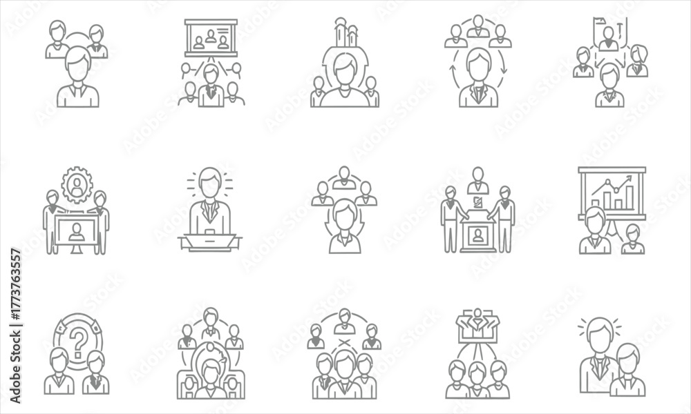 Fototapeta premium Business management and leadership icon set illustrating concepts of corporate hierarchy, teamwork, and human resources
