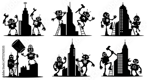 Robot City Skyline Vector Silhouette Set Future Technology Automation Machine Construction Building Urban Development
