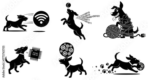 Silhouette Dog Playful Vector Illustration Set. Puppy Playing with Gadgets. Cute Pet Chasing Wifi Icon, Balls and Cables.