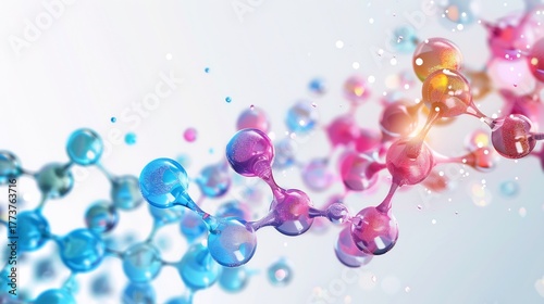 Abstract molecular structure with colorful spheres and connecting lines on a bright background