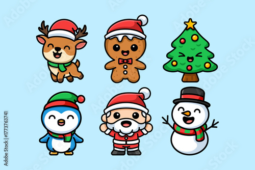 Cute Christmas Characters in Kawaii Cartoon Style