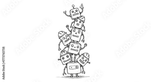 Robots Pile Cartoon Black and White Illustration Cheerful Robots Stacked on Top of Each Other Machine Character Design Graphic for Robotics Projects Technology Concept