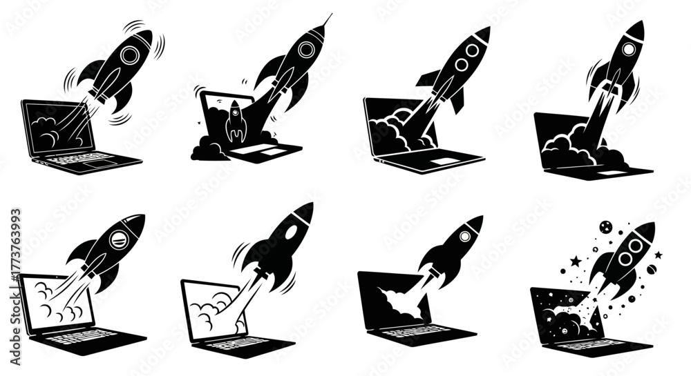 Obraz premium Laptop Rocket Launch Vector Set: Startup Concept with Laptop and Rocket Silhouette Illustrations for Business and Technology