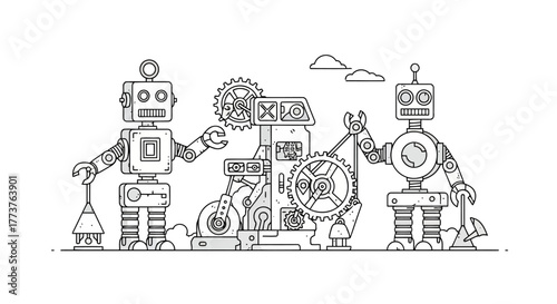 Vintage Robots Repairing Machine with Gears and Tools Line Art Illustration