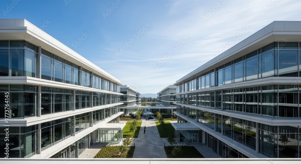 Fototapeta premium Modern office buildings with glass facades and symmetrical architecture