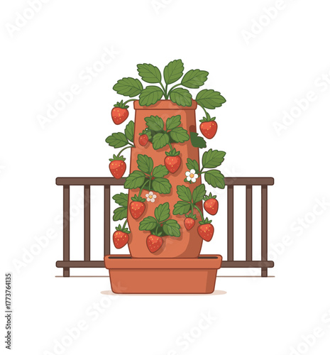 balcony strawberry tower vertical fruit growing compact space flat vector illustration style isolated on white background