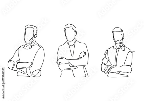 Continuous Line Drawing of Professional Men with Crossed Arms. line icon-continuous line drawing. Editable stroke. 