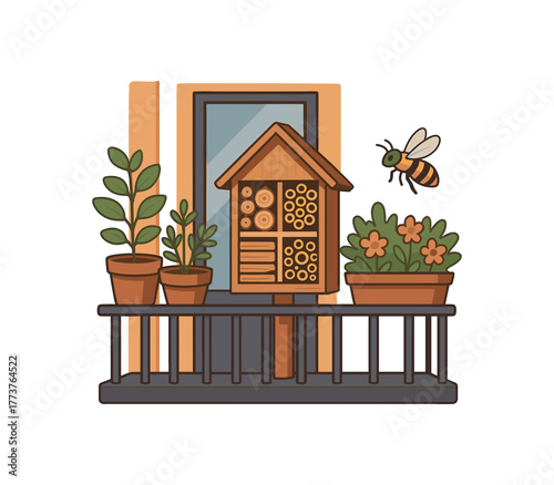 balcony bee hotel supporting pollinators urban microecosystem flat vector illustration style isolated on white background
