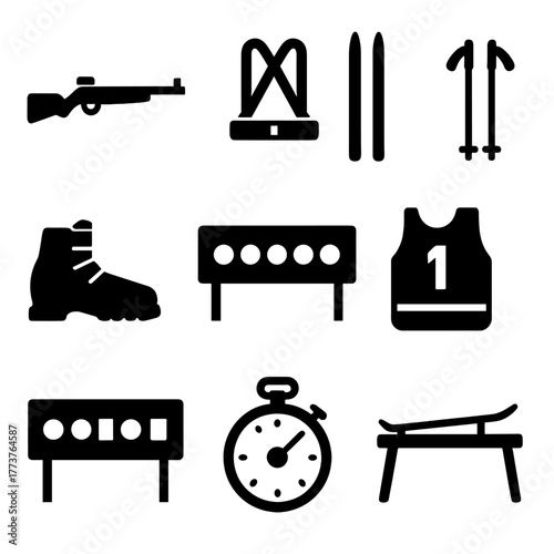 Biathlon silhouette icon set. featuring rifle, skis, poles, boot, target, bib, stopwatch, and shooting platform