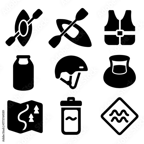 Water sports silhouette icon set. featuring kayak, paddle, life jacket, helmet, river map, water bottle, and buoy
