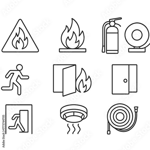 Fire safety linear icons set. featuring flame, extinguisher, alarm, exit, and emergency door symbols