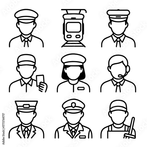 Transportation staff linear icon set. featuring taxi driver, conductor, train, pilot, phone operator, uniformed worker