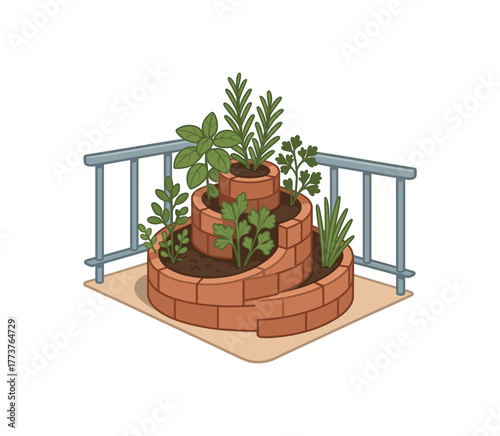 balcony herb spiral design efficient small space gardening solution flat vector illustration style isolated on white background