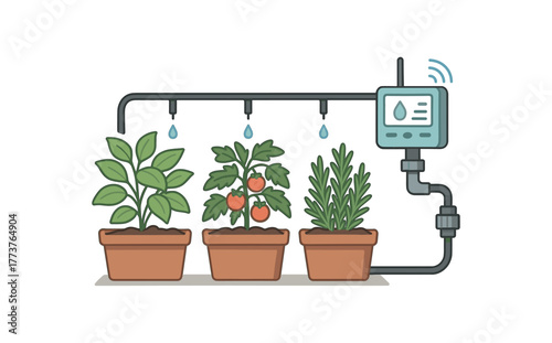 smart irrigation drip system for balcony garden water saving technology flat vector illustration style isolated on white background