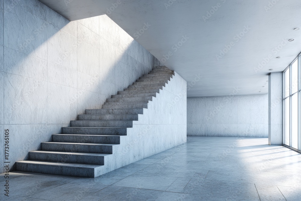 Obraz premium Sunlight streams onto a modern concrete staircase in an empty interior.