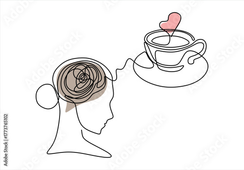 Untangling Thoughts with Coffee A Moment of Mental Clarity. line icon-continuous line drawing. Editable stroke. 