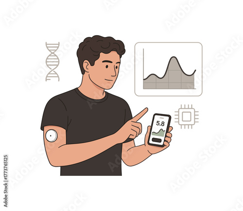 biohacker using continuous glucose monitor data driven lifestyle optimization flat vector illustration style isolated on white background