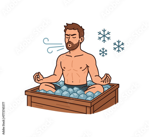 biohacker performing cold exposure and breathwork combination advanced routine flat vector illustration style isolated on white background