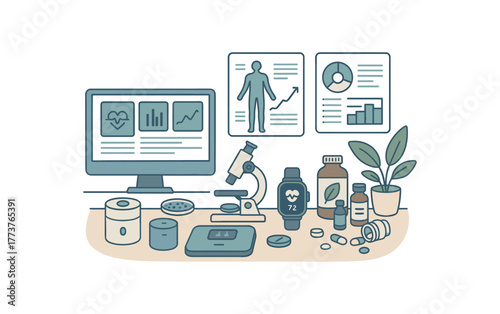 home longevity lab with data screens health optimization tools and supplements flat vector illustration style isolated on white background