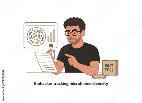 biohacker tracking microbiome diversity through at home gut test flat vector illustration style isolated on white background