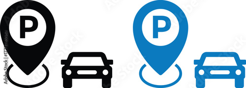 Parking location pointer icon. Map location pointer. GPS destination marker for vehicles. Map marker with letter P sign
