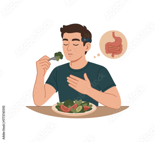 biohacker practicing mindful eating and slow chewing digestion optimization flat vector illustration style isolated on white background